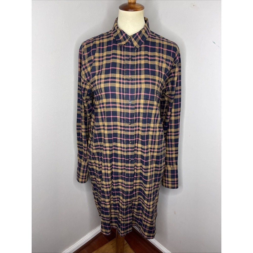 Closed Portugal Blue Brown Plaid Longsleeve Collared Cotton Shirt Dress Medium
